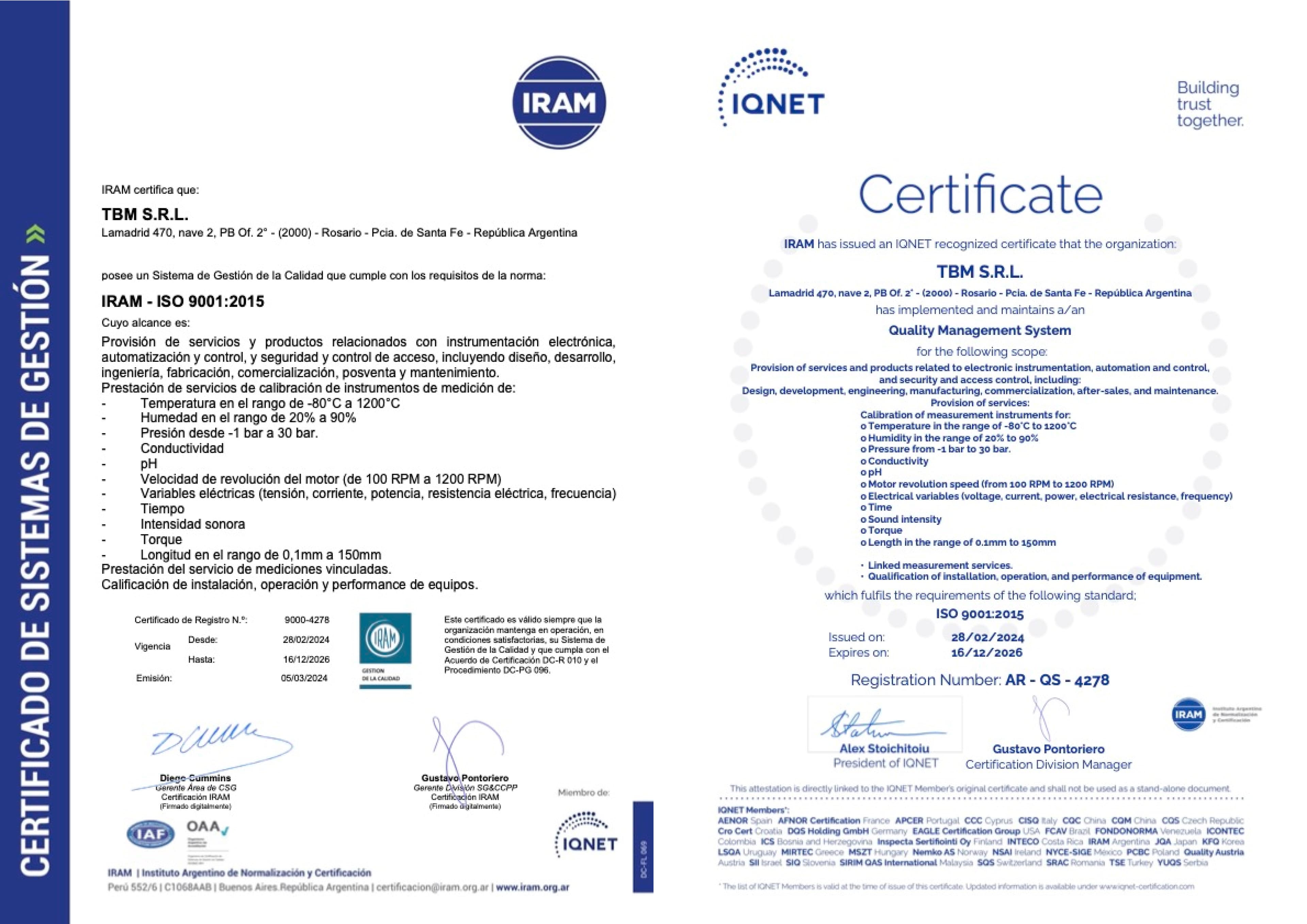 Certificado ISO 9001:2015 emitido por IRAM e IQNET para TBM SRL.
